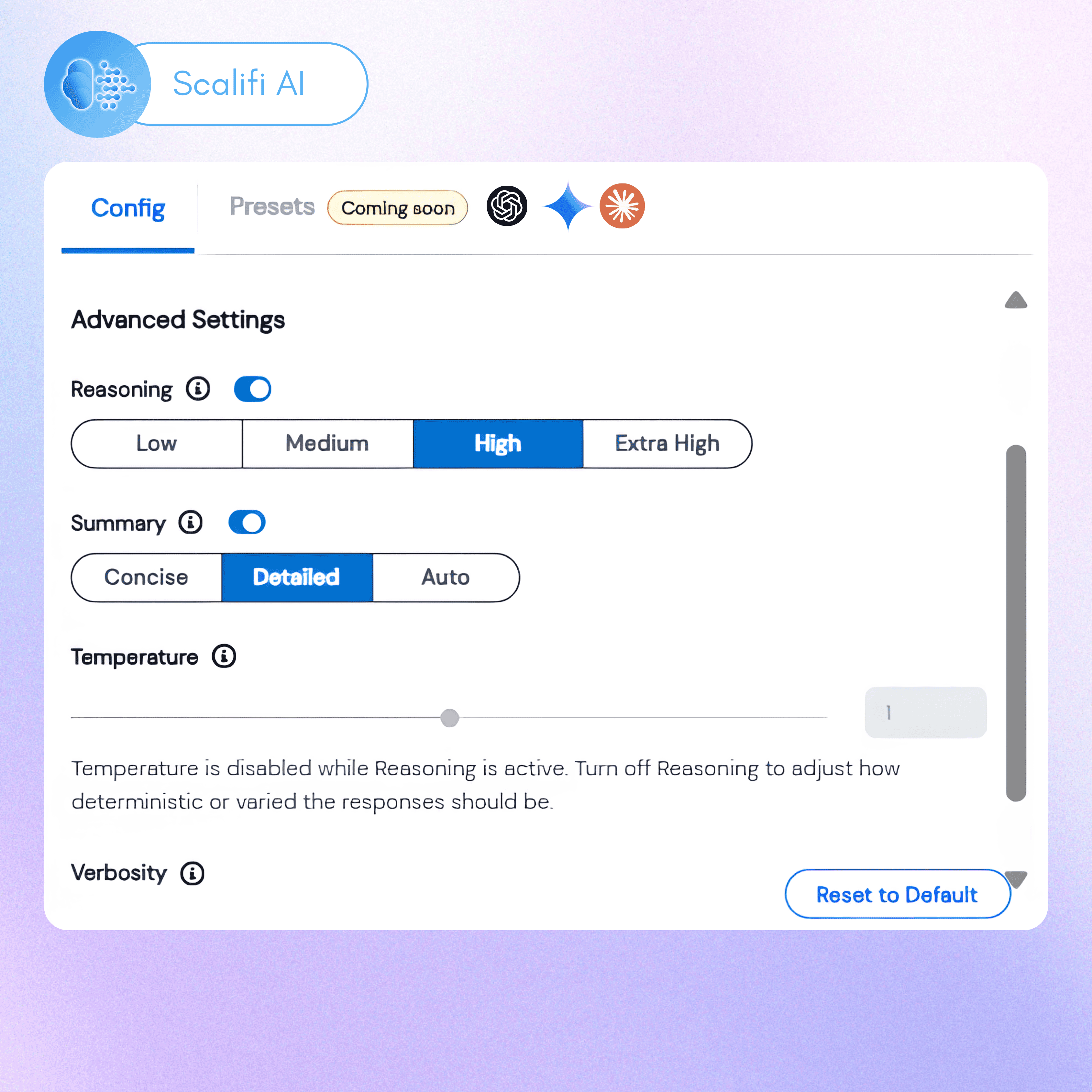 Test out custom configuration across reasoning levels, temperature and verbosity on Cognis Ai ,for models like GPT 5.2, Gemini 3 Pro, etc.