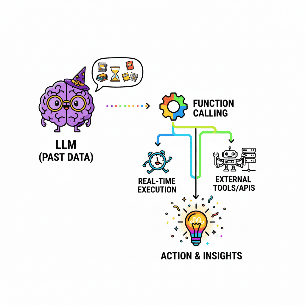 A diagram showing how an LLM uses "Function Calling" to connect to "Real-Time Execution" and "External Tools/APIs," leading to "Action & Insights."