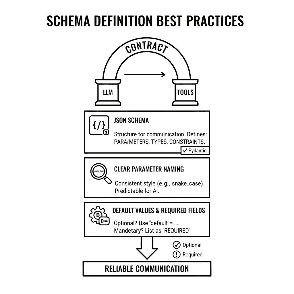 Best practices for schema definition: JSON Schema, Clear Parameter Naming, and Default Values create a "Contract" for "Reliable Communication" between LLMs and Tools.