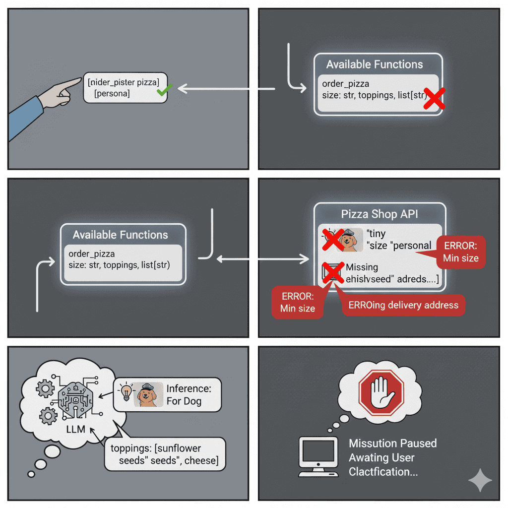 A comic shows a pizza order failing due to "Min size" and "delivery address" API errors, pausing the mission to await user clarification.