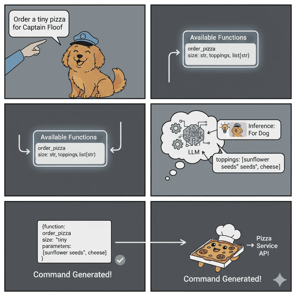 A 6-panel comic showing an LLM translating "Order a tiny pizza for Captain Floof" into a structured order_pizza API command with inferred parameters.