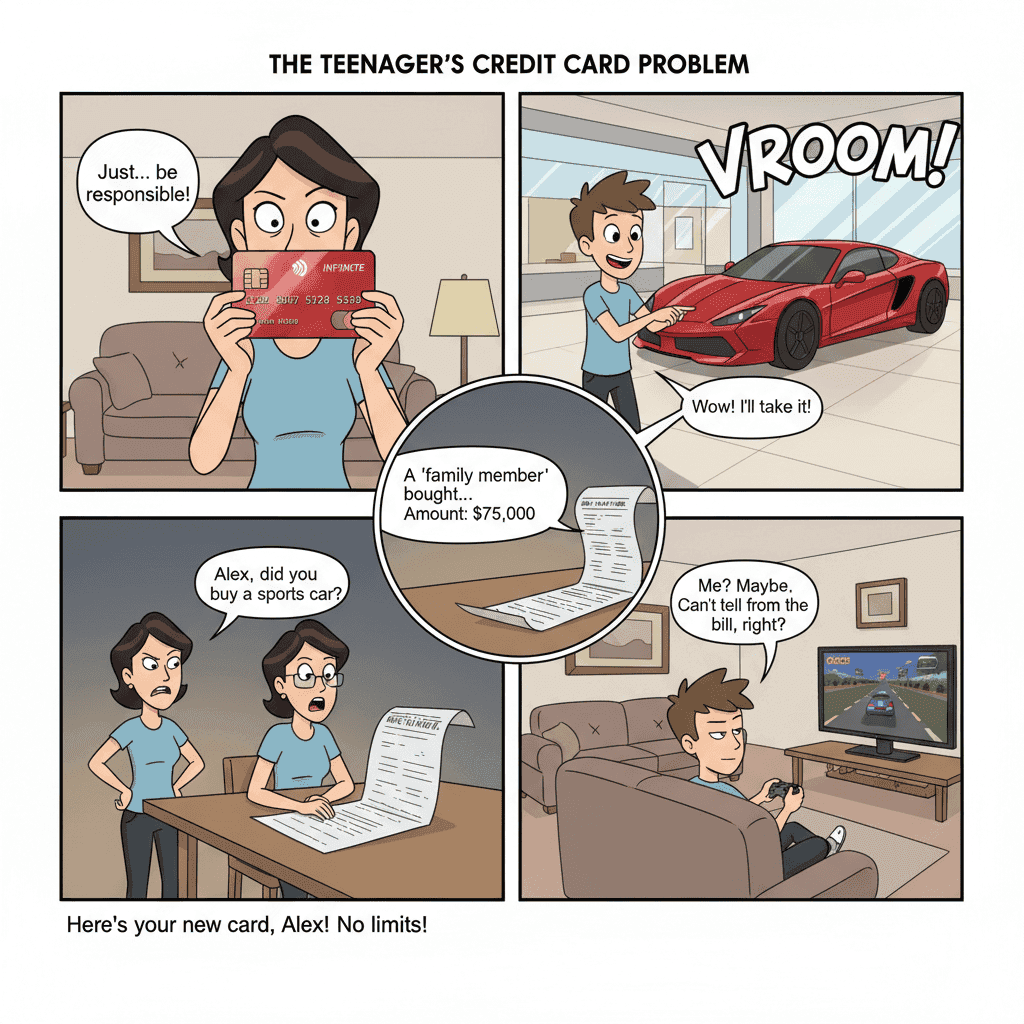 A comic shows a teen buying a sports car with a no-limit credit card. The bill's vague attribution to "a family member" highlights the risk of poor governance and no accountability.